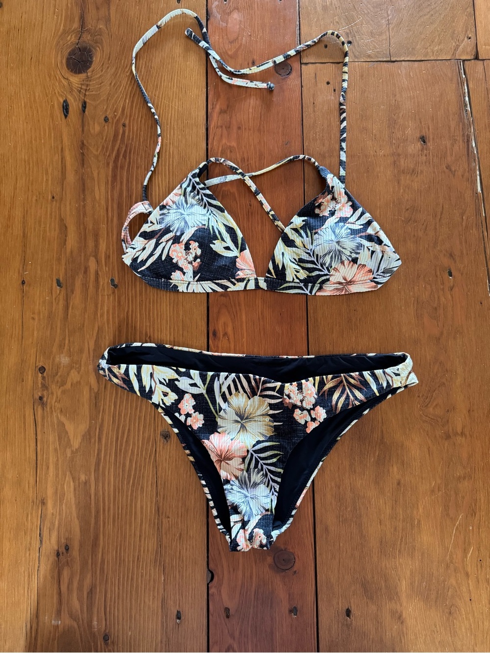 Floral Triangle Bikini Set - Black Base with Peach & Cream Blooms